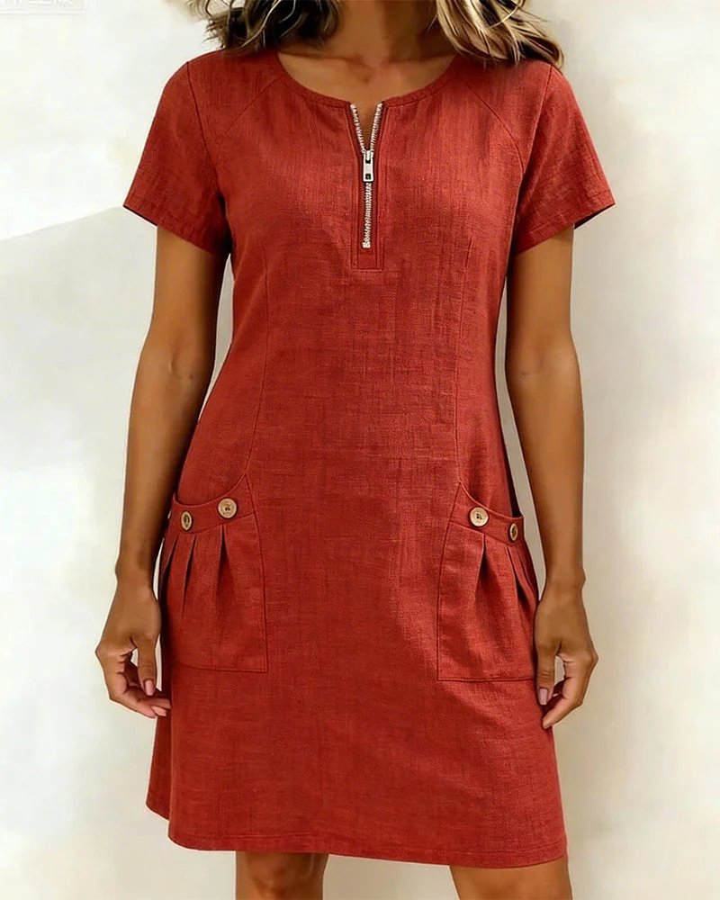 Beate™ – A-Line Short Sleeve Pocket Zipper Dress