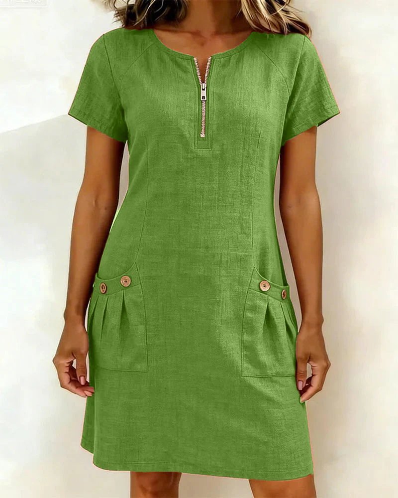 Beate™ – A-Line Short Sleeve Pocket Zipper Dress