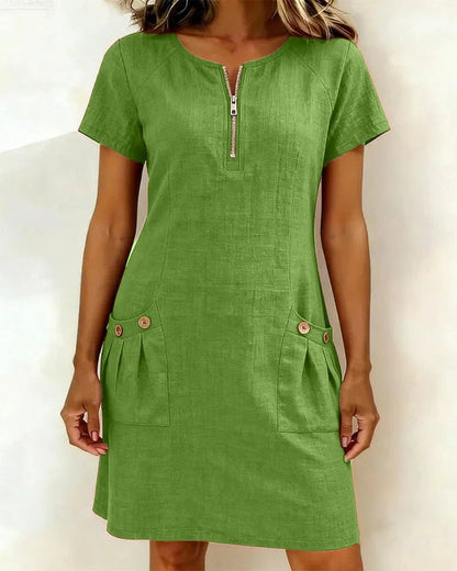 Beate™ – A-Line Short Sleeve Pocket Zipper Dress