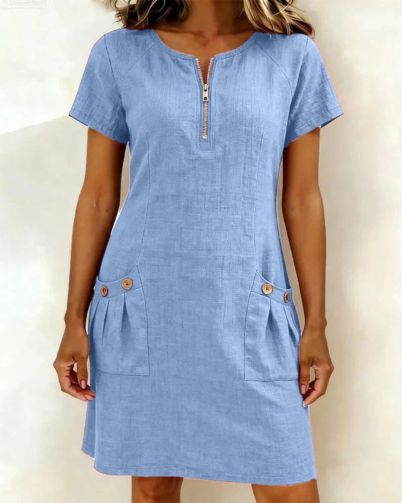 Beate™ – A-Line Short Sleeve Pocket Zipper Dress