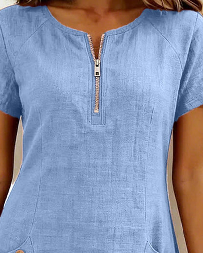 Beate™ – A-Line Short Sleeve Pocket Zipper Dress