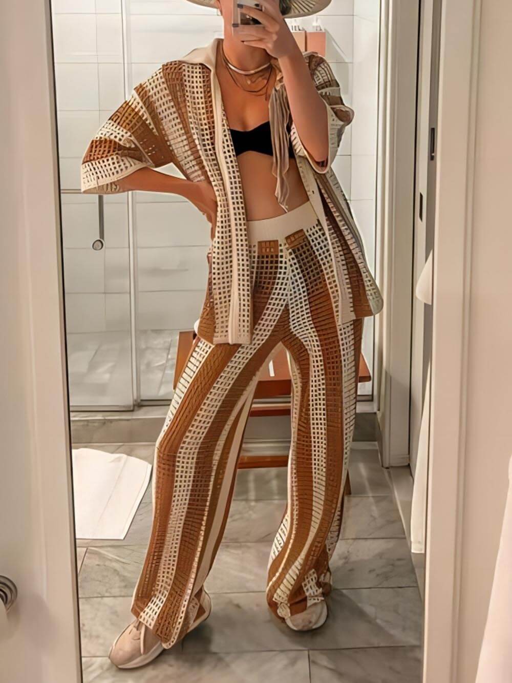 Loose V-Neck Fashion Hollow Out Striped Shirt Wide Leg Pants Set