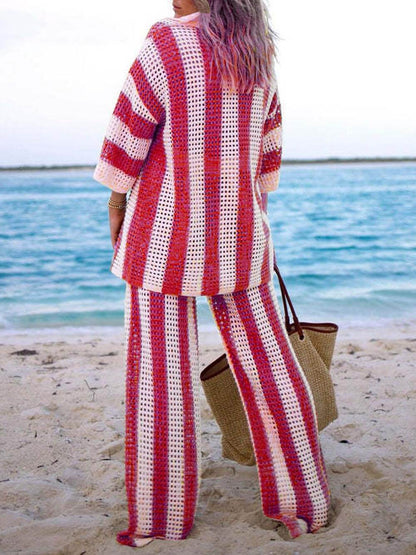 Loose V-Neck Fashion Hollow Out Striped Shirt Wide Leg Pants Set