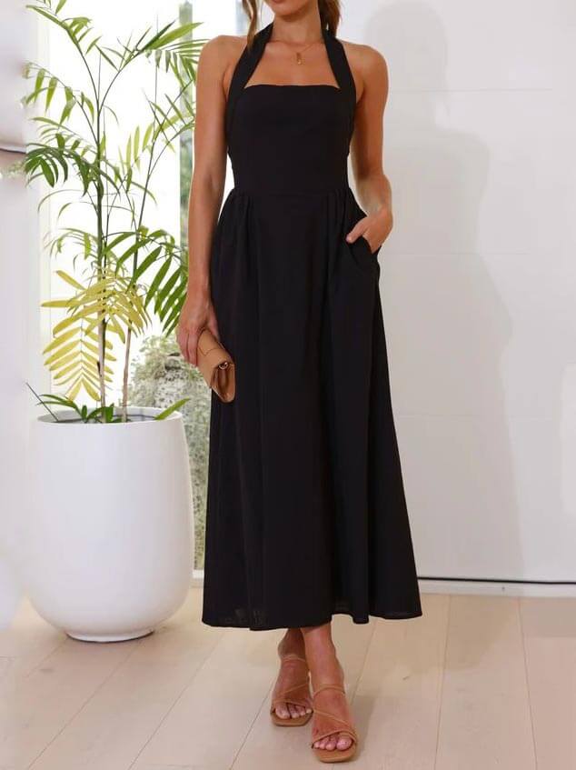 Waist Little Black Halter Neck Dress Mid Length Dress